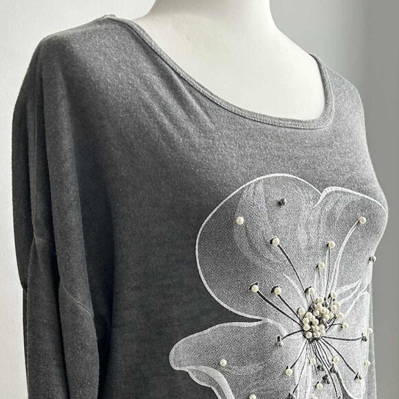 Bella Amore Italian Charcoal Jersey Tunic with Beaded Floral & Split-Back – US L - Picture 3 of 13